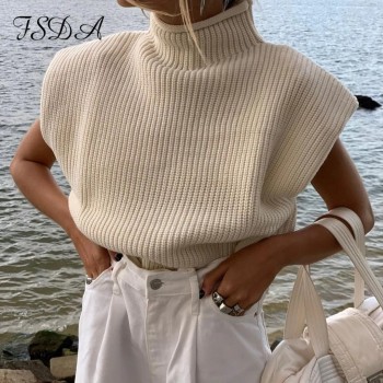 Turtleneck Sleeveless Vest Sweater Women 2020 With Shoulder Pads Knitted Pullover